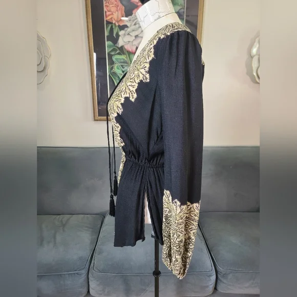 Free People Black Snake Print Boho Lace Up Front Elastic Waist Top - Picture 7 of 12